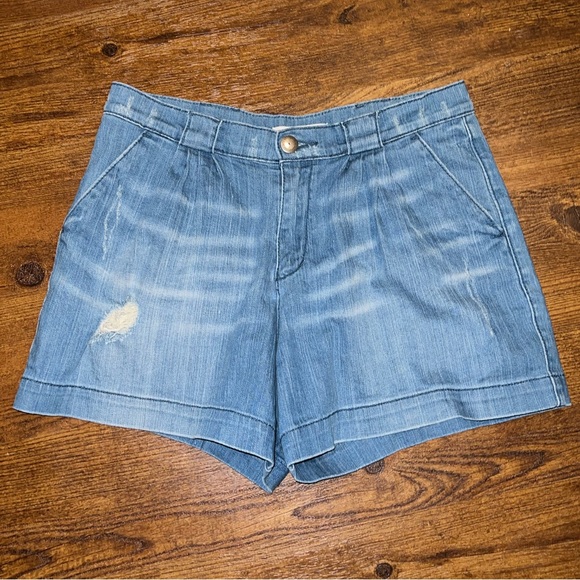 BCBGeneration Pants - BCBGeneration Blue Denim High Waist Pleated Distressed Jean Shorts Size 28